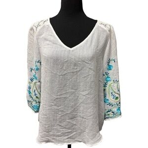 Valerie Stevens White Blue Embroidered Lace Back Boho Blouse Large